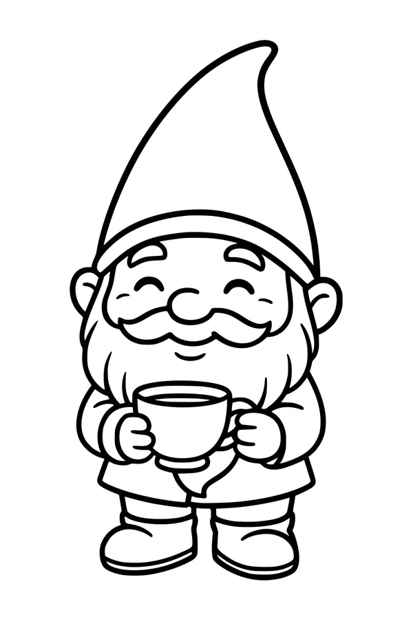 Free Gnome Coloring Page - Smiling Gnome With Cozy Mug (Printable PDF)