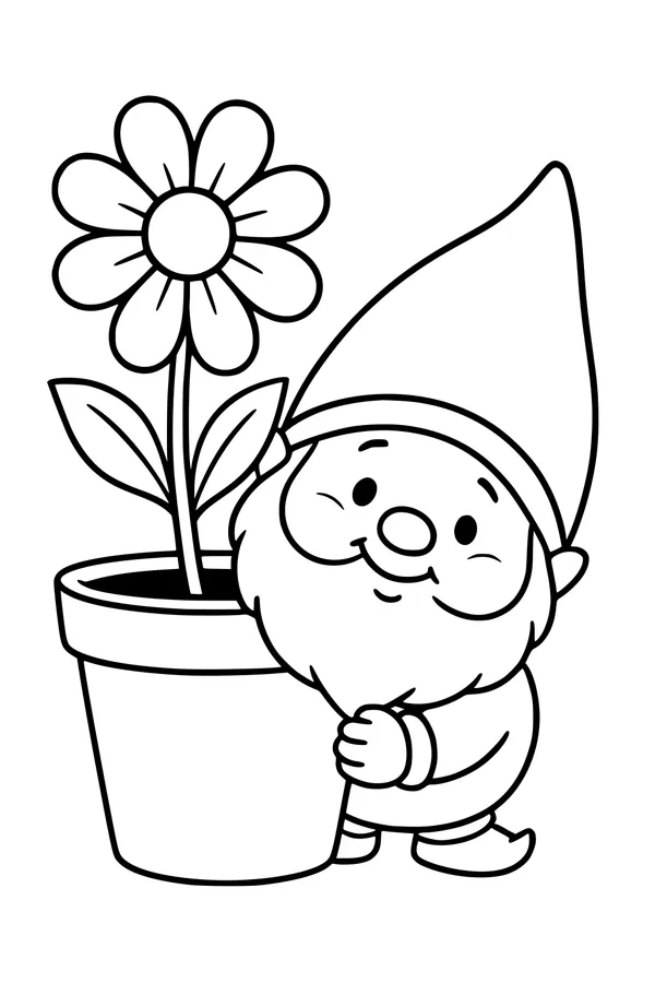 Free Gnome Coloring Page - Garden Gnome Hugging Daisy Flower Pot (Printable PDF)