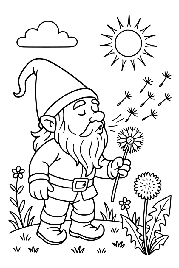 Free Gnome Coloring Page - Bearded Gnome Blowing Dandelion Seeds (Printable PDF)