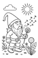 Free Gnome Coloring Page - Bearded Gnome Blowing Dandelion Seeds (Printable PDF)