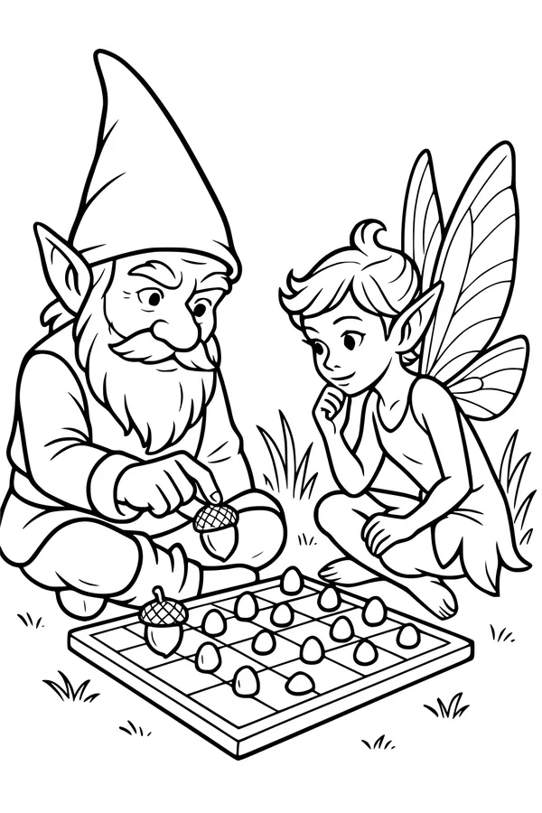 Free Gnome and Fairy Coloring Page - Acorn Checkers in the Grass (Printable PDF)