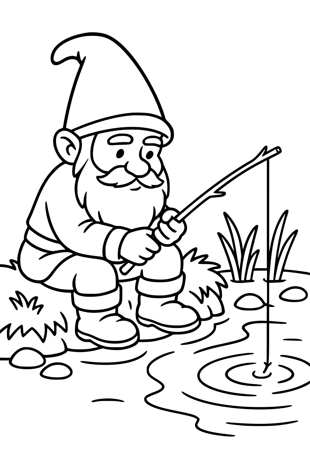 Bearded gnome in a tall hat fishes at a pond with a twig rod; water ripples, grass, reeds, and stones surround the bank.
