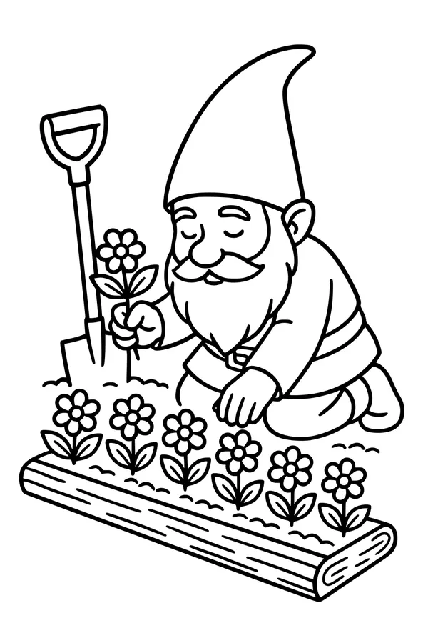 Free Gnome Coloring Page - Planting Flowers in a Garden Bed (Printable PDF)