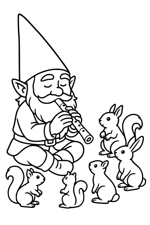 Free Gnome Coloring Page - Forest Flute Concert With Woodland Animals (Printable PDF)