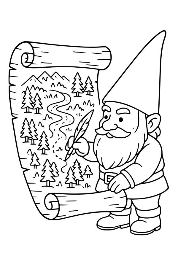 Free Gnome Coloring Page - Forest Mapmaker With Scroll (Printable PDF)