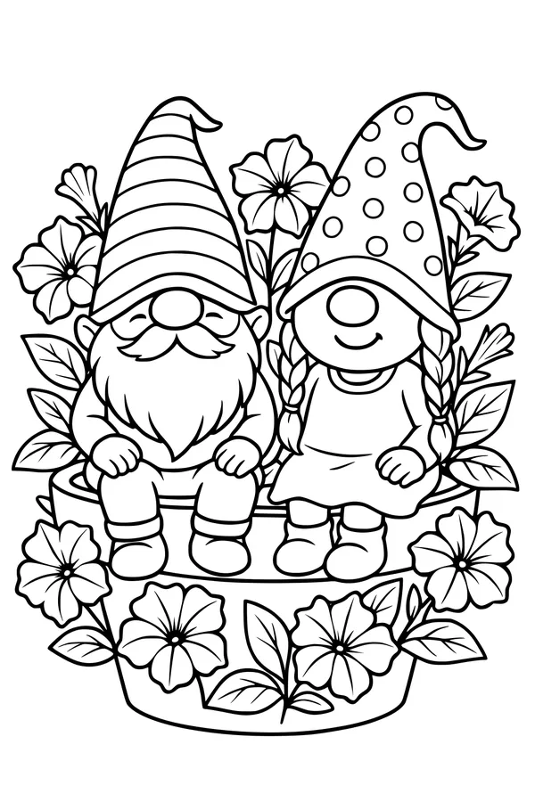 Free Gnome Coloring Page - Petunia Garden Pot Friends (Printable PDF)