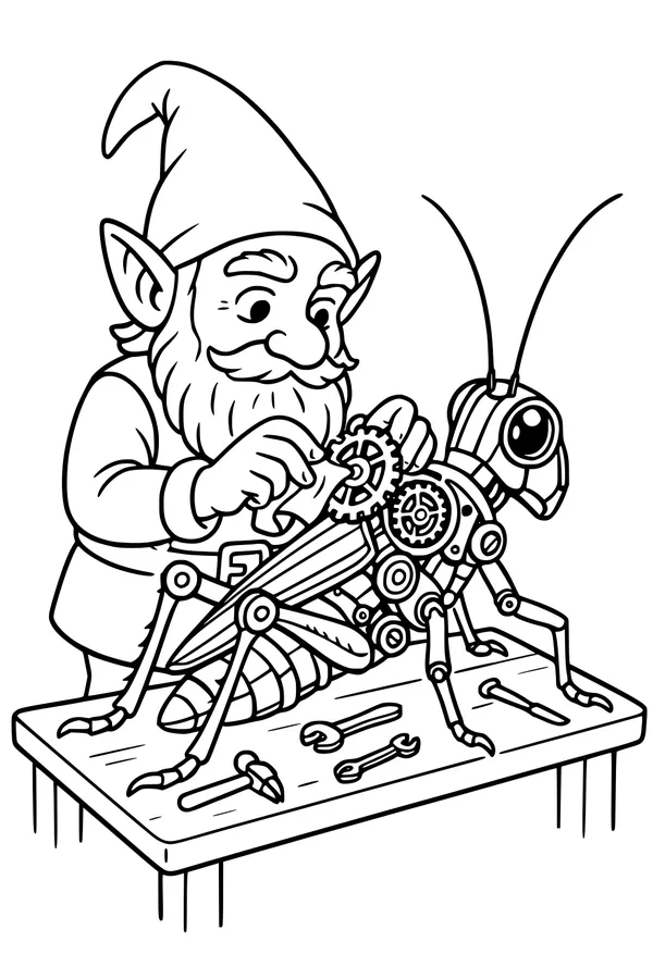 Free Gnome Tinkerer Coloring Page - Fixing a Mechanical Grasshopper (Printable PDF)