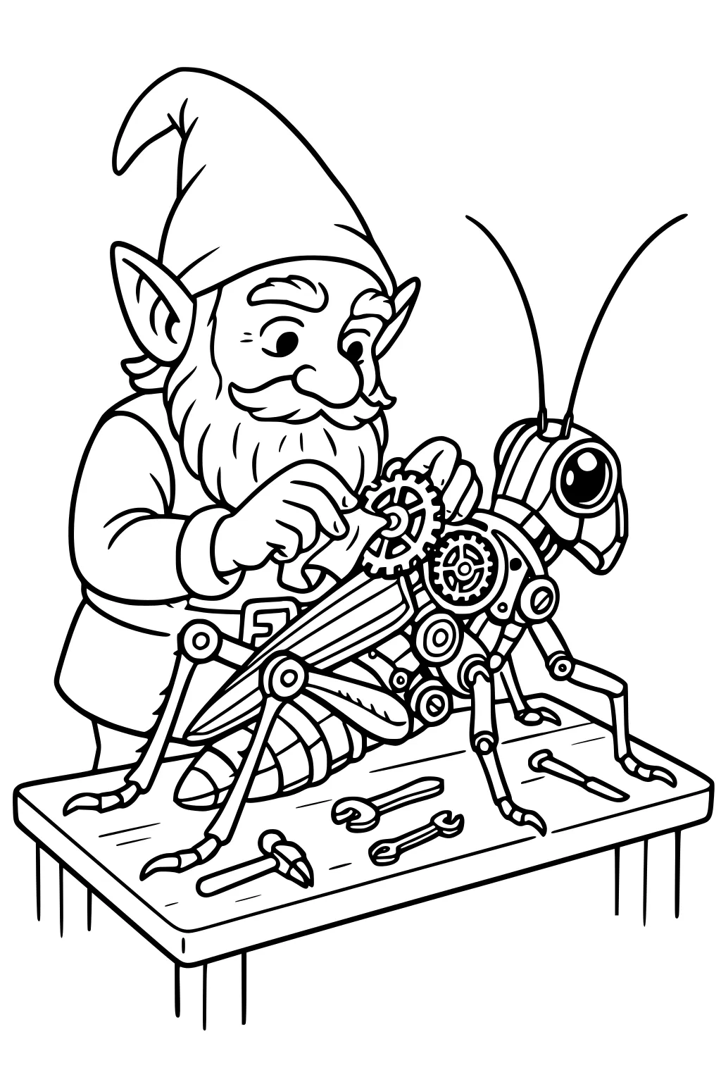Gnome mechanic fixes a gear on a robot grasshopper at a workbench with tools, showing gears, antennae, and jointed legs.