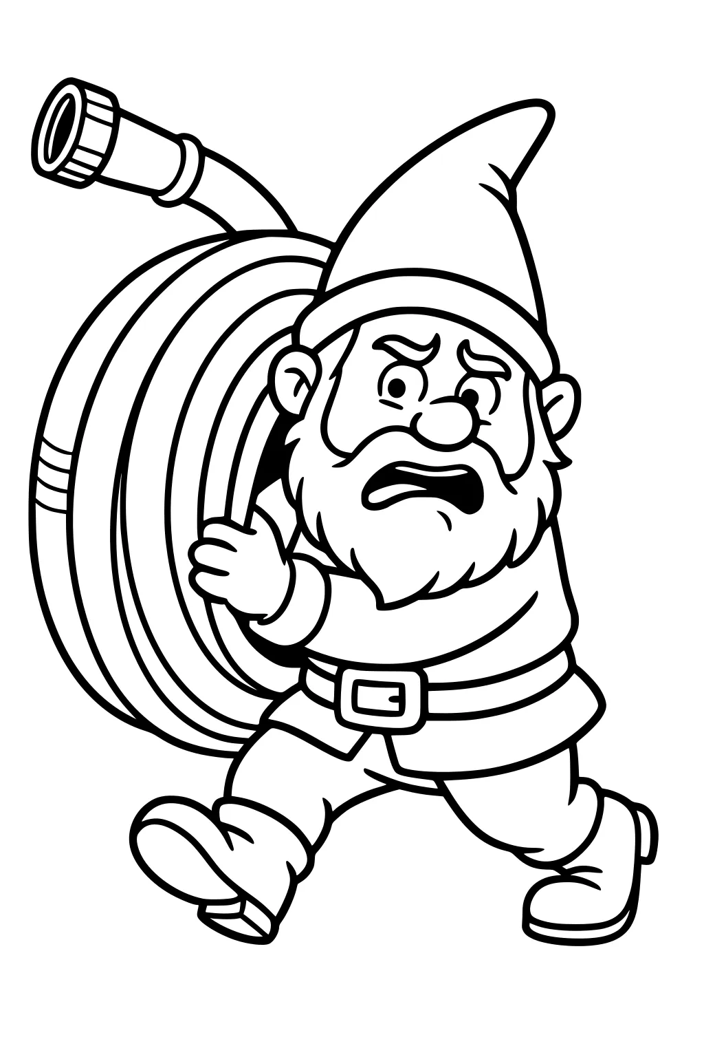 Cartoon gnome hurrying with a coiled garden hose on his shoulder, worried face, pointy hat, belt and boots, blank background.