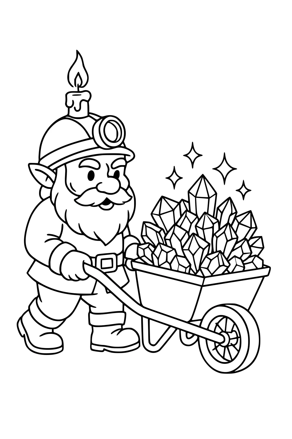 Bearded gnome miner pushes wheelbarrow of crystals, candle on helmet and lamp; boots, belt, and sparkles around the tallest gem.