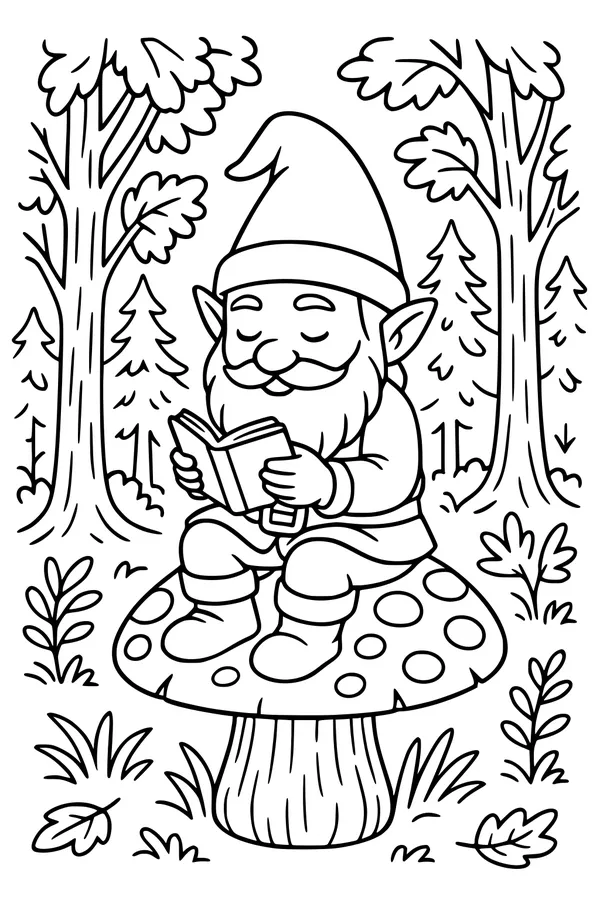 Free Gnome Coloring Page - Grandpa Reading on a Forest Mushroom (Printable PDF)