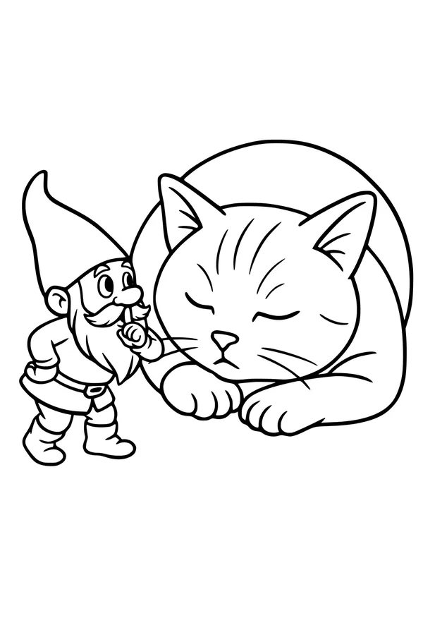 Free Gnome Coloring Page - Shushing Beside Giant Sleeping Cat (Printable PDF)
