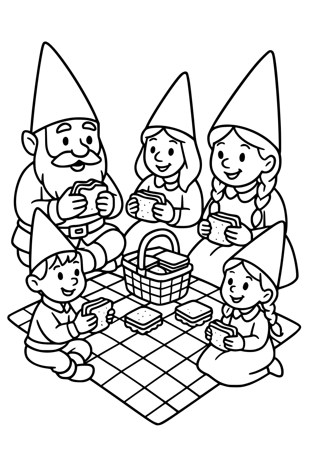 Five gnomes with tall hats eat sandwiches on a checkered picnic blanket around a basket