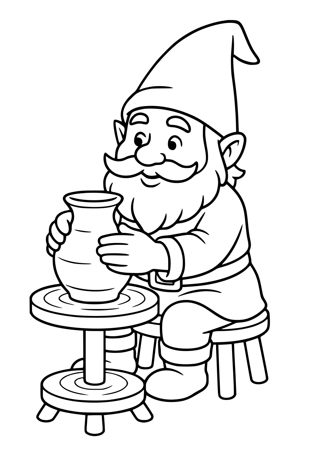 Smiling gnome with tall hat shaping a vase on a pottery wheel while sitting on a stool, cartoon line art with bold outlines.