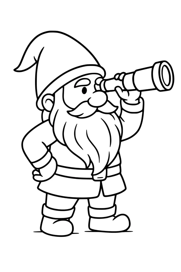 Free Gnome Coloring Page - Bearded Scout With Spyglass (Printable PDF)
