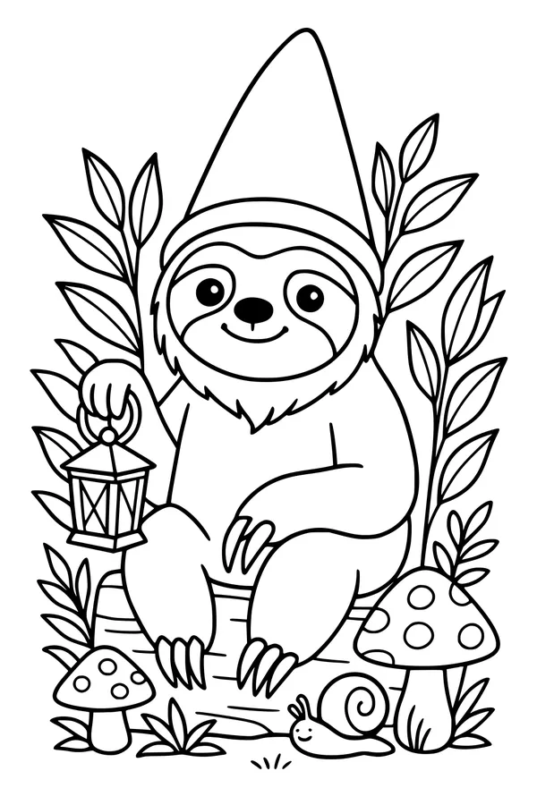 Free Sloth Coloring Page - Gnome Sloth With Forest Lantern (Printable PDF)