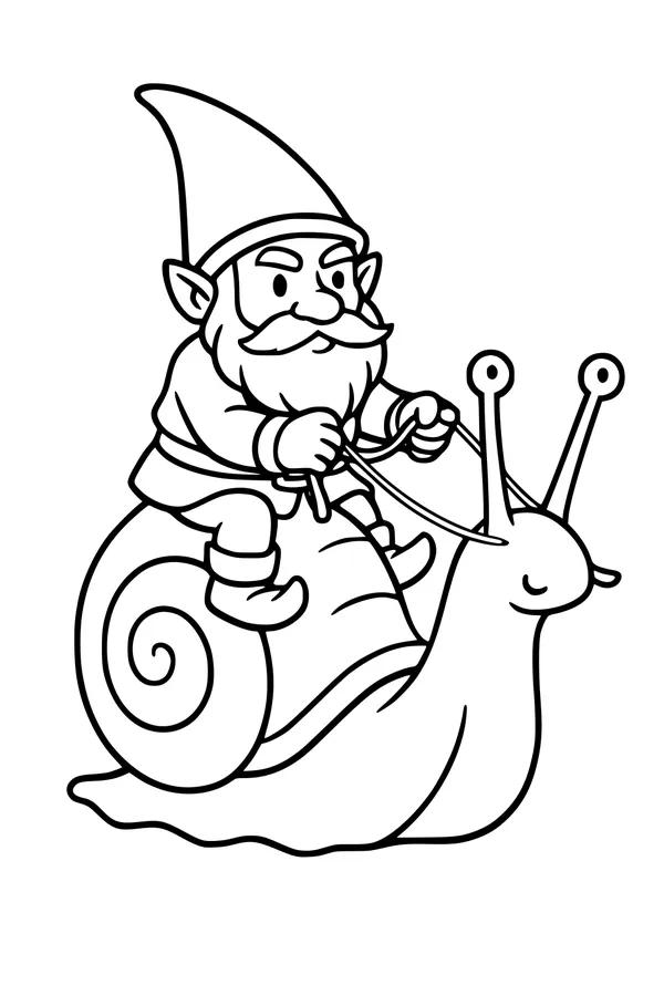 Free Gnome Coloring Page - Whimsical Ride on a Snail (Printable PDF)