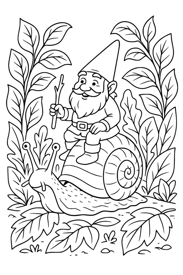 Free Gnome Coloring Page - Garden Gnome Riding Giant Snail (Printable PDF)