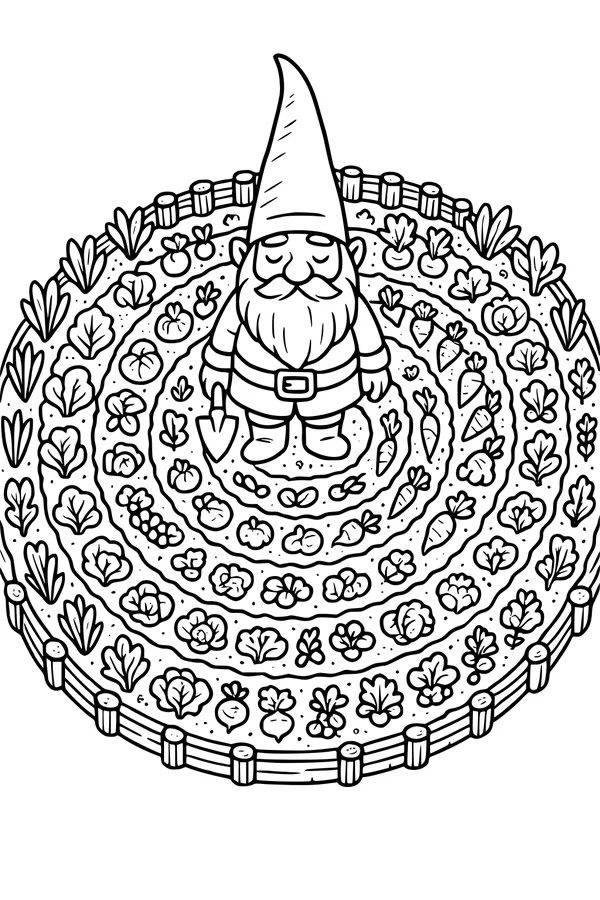 Free Gnome Coloring Page - Spiral Vegetable Garden Keeper (Printable PDF)