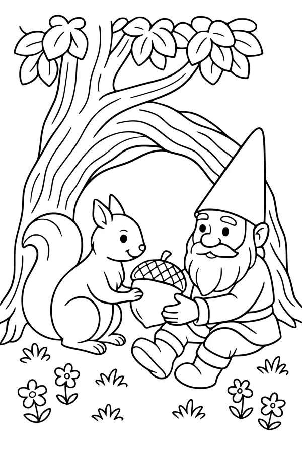 Free Gnome and Squirrel Coloring Page - Sharing an Acorn Under a Forest Tree (Printable PDF)