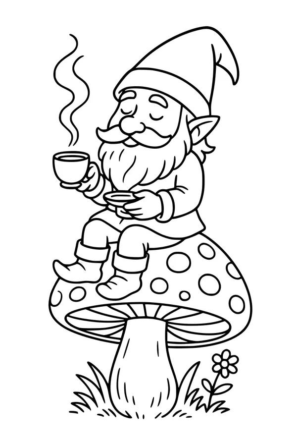 Free Gnome Coloring Page - Tea Break on a Toadstool (Printable PDF)