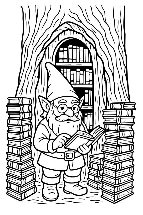 Free Gnome Coloring Page - Librarian in Tree Library (Printable PDF)