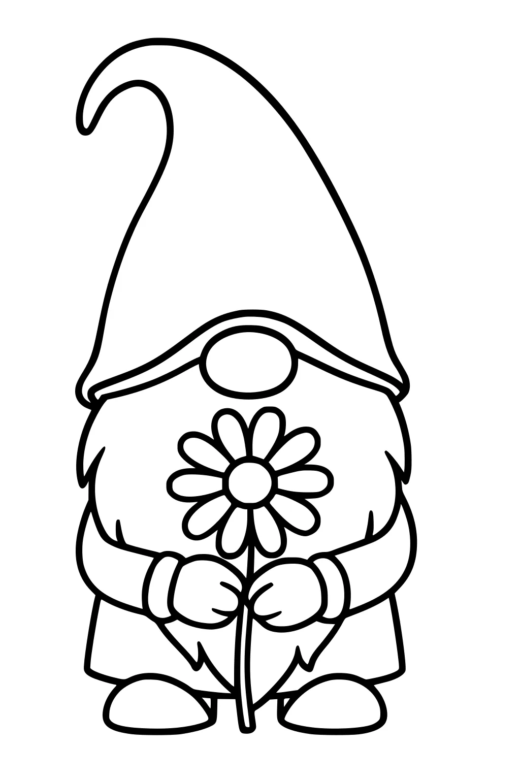 Cartoon gnome with tall pointed hat and round nose holding a daisy; bushy beard, mittens, big shoes, simple bold outline, front view.
