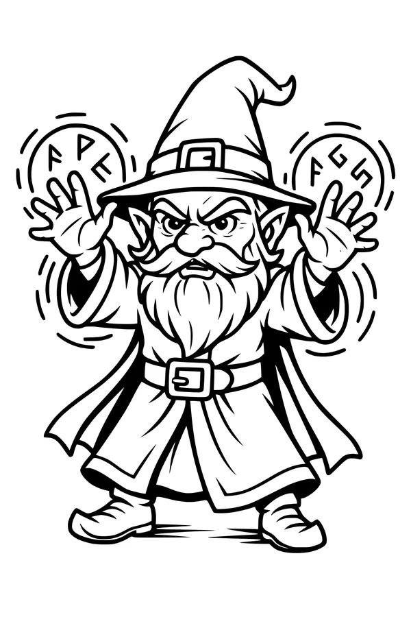 Free Gnome Wizard Coloring Page - Casting Magic Runes (Printable PDF)