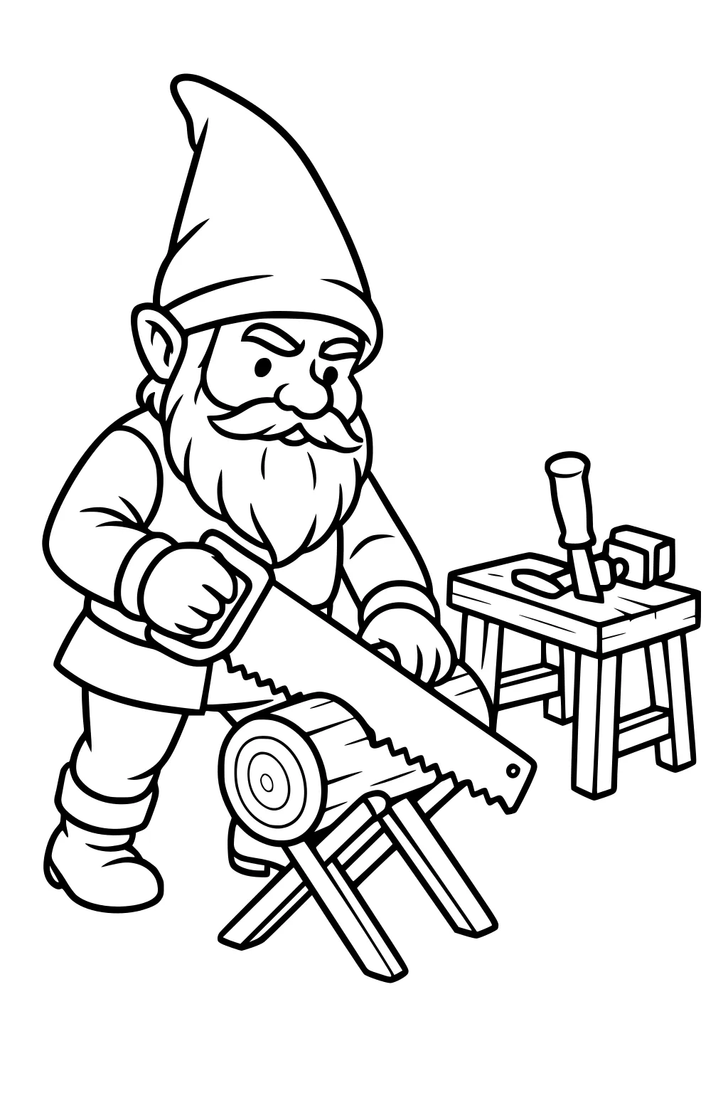Bearded gnome in tall hat sawing a log on a stand; small bench holds a chisel and hand plane.