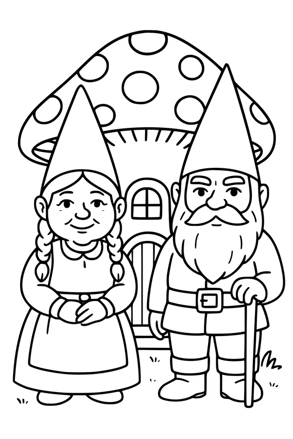 Free Gnome Coloring Page - Gnomes by a Mushroom House (Printable PDF)