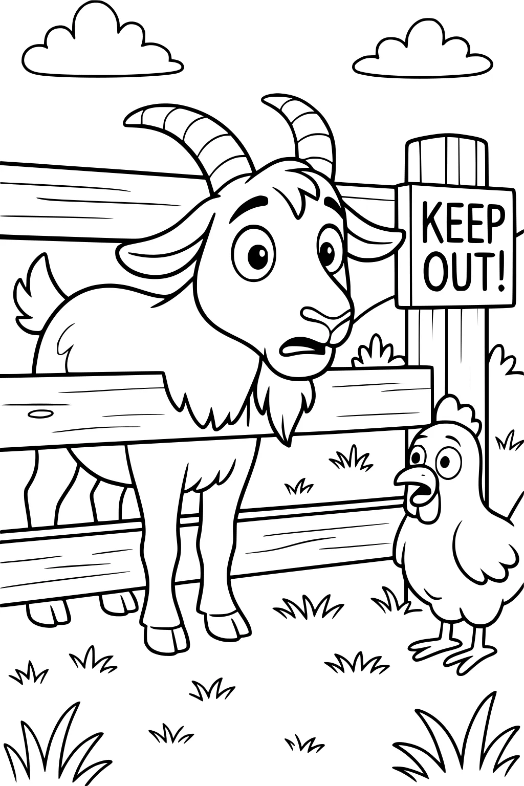 Goat stuck in a fence beside a surprised chicken, keep out sign, wooden fence, grass, and two clouds overhead.