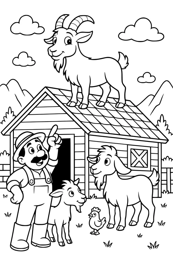 Free Goat Coloring Page - Billy Goat on Barn Roof Scene (Printable PDF)