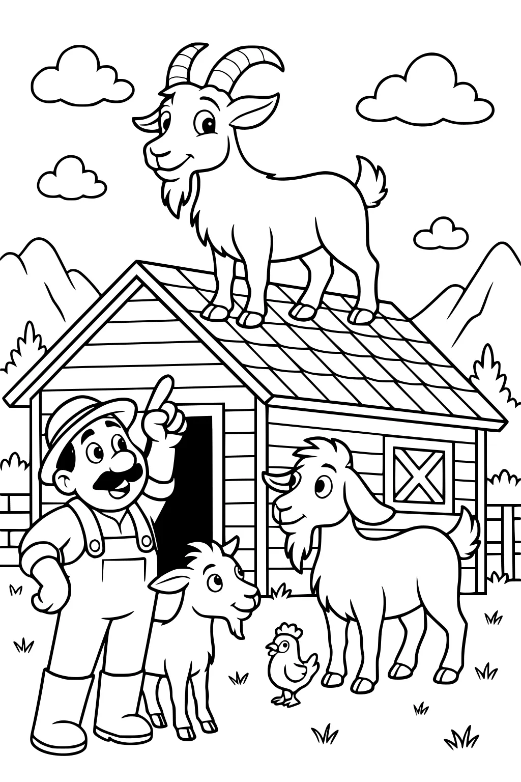 Goat on barn roof, surprised farmer, two goats, chicken, barn, fence, mountains, clouds.
