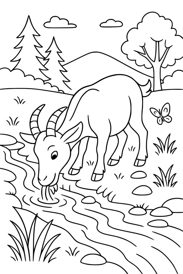 Free Goat Coloring Page - Sunny Meadow Stream Scene (Printable PDF)