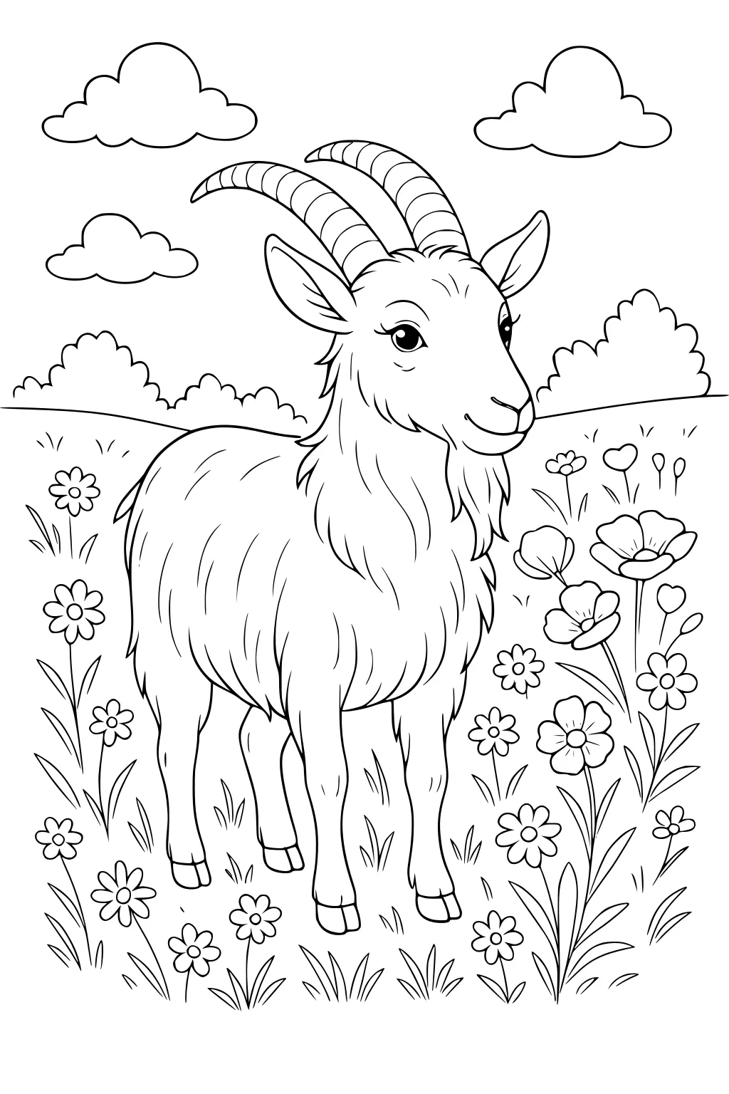 Goat standing in a meadow surrounded by flowers and tall grass with clouds and bushes in the background.