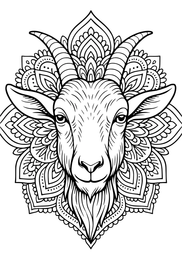 Free Goat Coloring Page - Majestic Mandala Goat Head (Printable PDF)