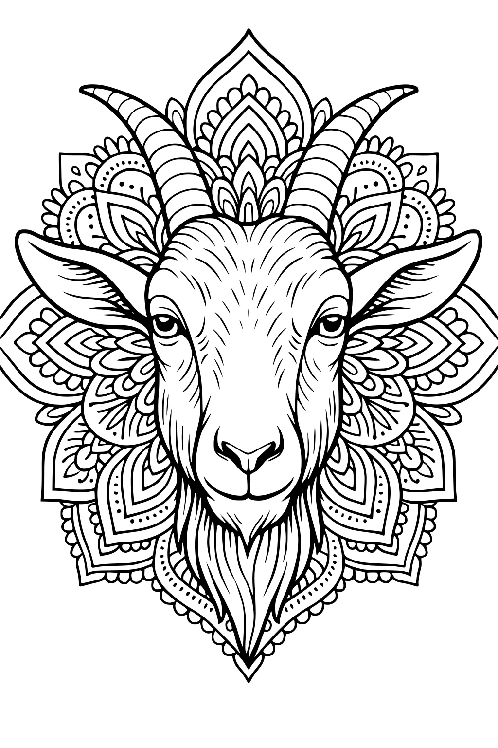 Goat head with curved horns and beard centered in a detailed mandala flower design.