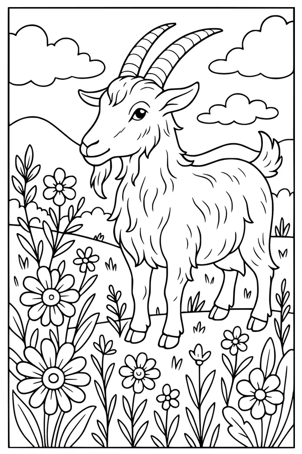 Free Goat Coloring Page - Sunny Meadow With Wildflowers (Printable PDF)