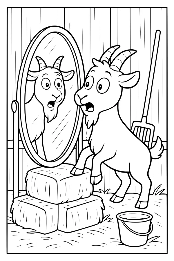 Free Goat Coloring Page - Surprised Goat in Barn Mirror (Printable PDF)