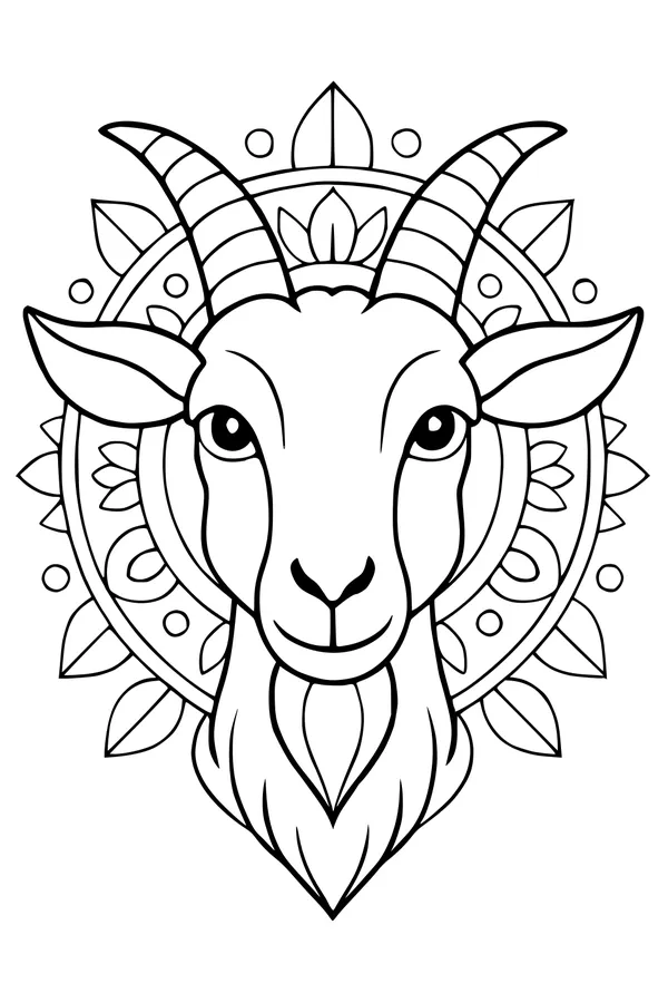 Free Goat Coloring Page - Gentle Goat in Leafy Mandala (Printable PDF)