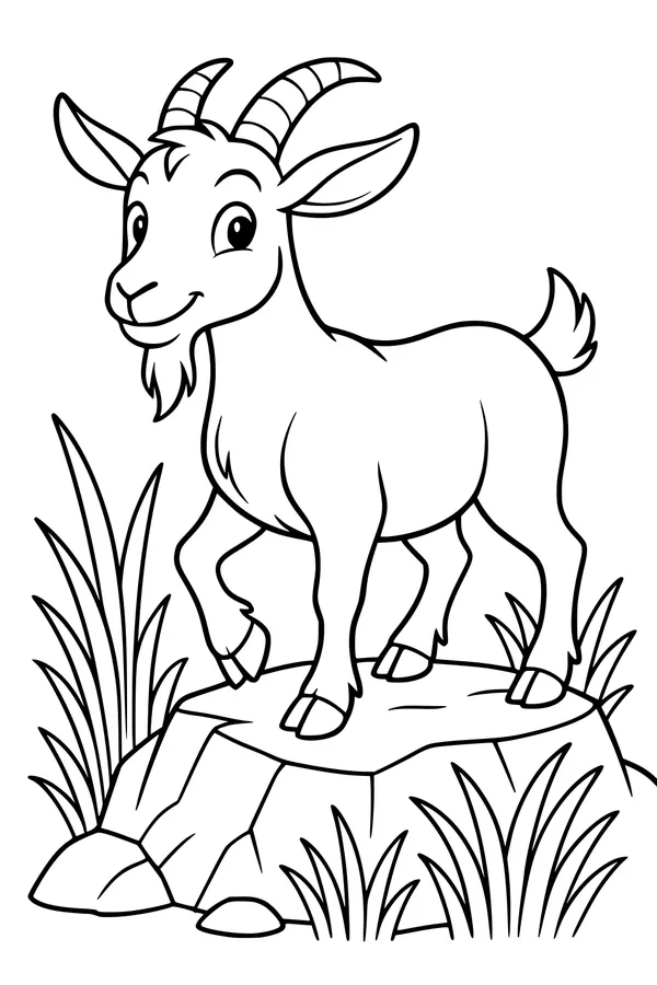 Free Goat Coloring Page - Cartoon Mountain Goat on a Rock (Printable PDF)