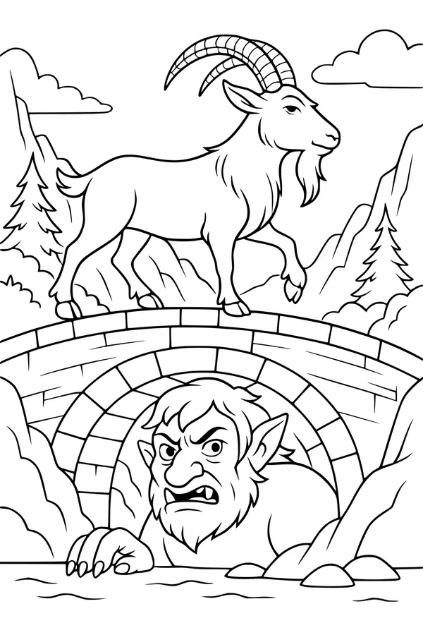 Free Goat Coloring Page - Brave Goat on Rocky Bridge With Troll (Printable PDF)