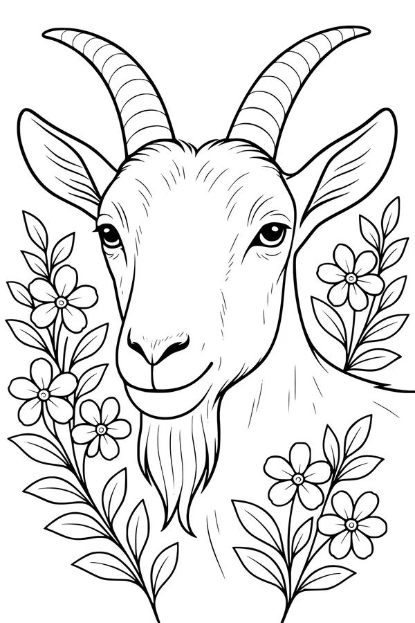 Free Goat Coloring Page - Sunny Meadow With Flowers (Printable PDF)