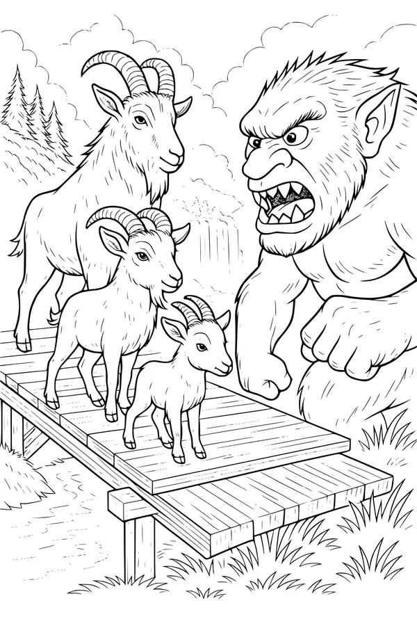Free Goat Coloring Page - Three Brave Goats and a Grumpy Troll (Printable PDF)
