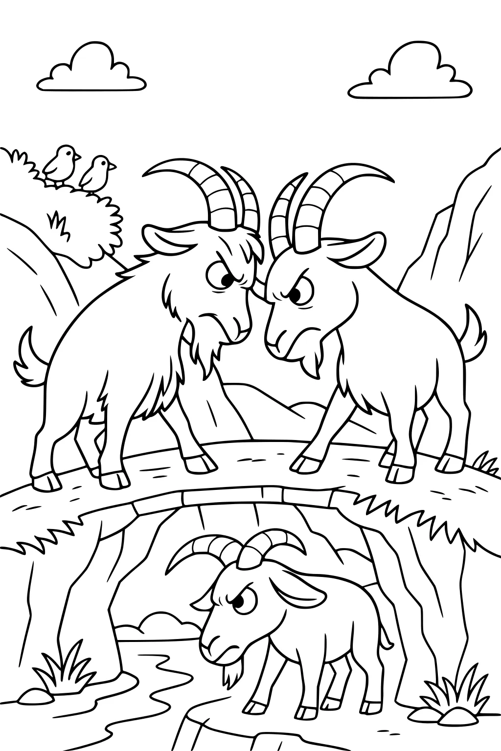 Three goats and two birds by a rocky bridge with a stream and hills, two goats on the bridge, one goat beneath.