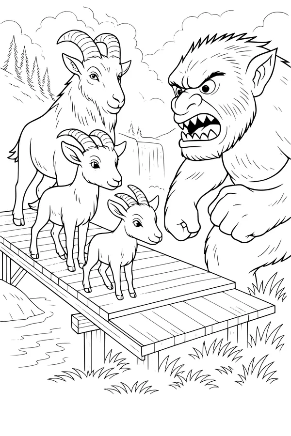 Free Goat Coloring Page - Three Brave Goats and Troll Bridge (Printable PDF)
