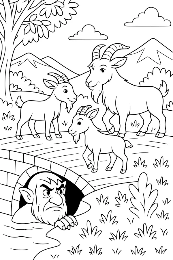 Free Goat Coloring Page - Three Brave Goats and Troll at Bridge (Printable PDF)