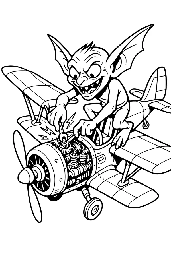 Free Goblin Coloring Page - Mischievous Goblin Tinkering With Biplane Engine (Printable PDF)