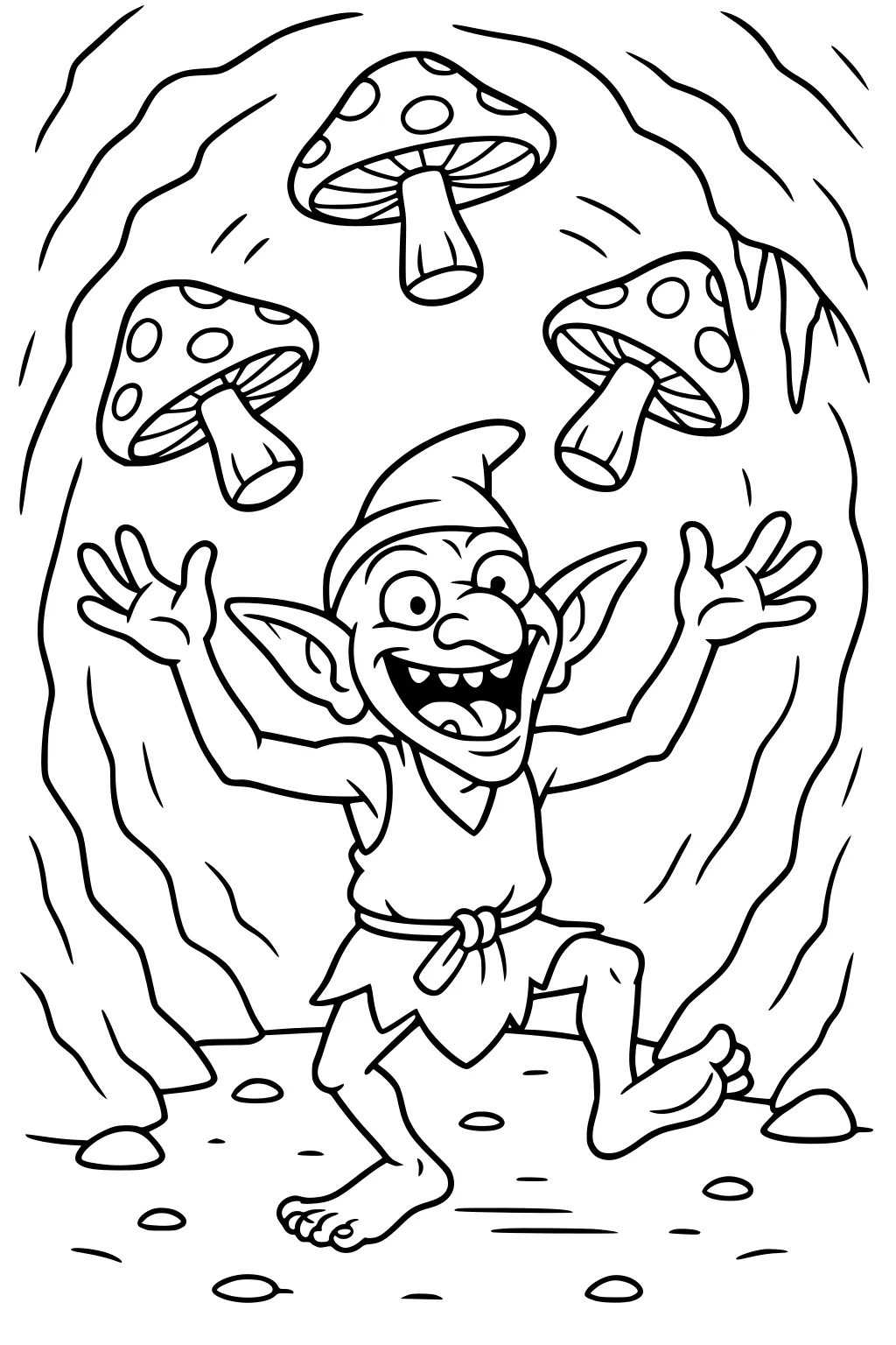 Boy goblin dancing barefoot in a cave, arms up, three spotted mushrooms overhead, rocks on the ground, bold line art.
