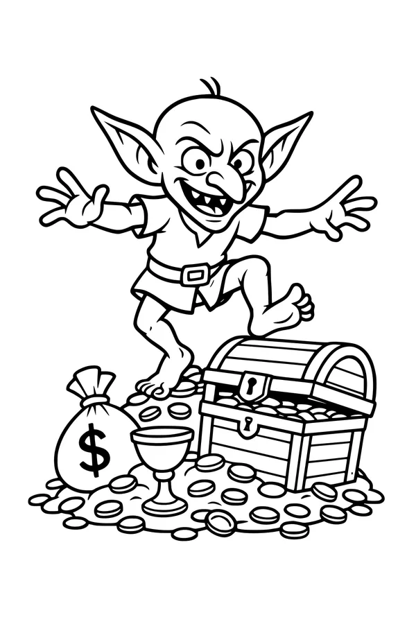 Free Goblin Coloring Page - Dancing On a Glittering Treasure Hoard (Printable PDF)